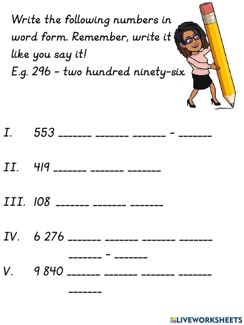 word form of numbers worksheet