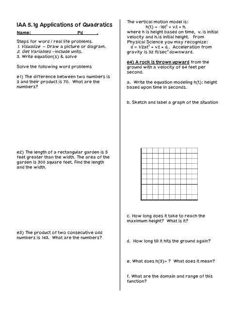 word problems quadratic equations worksheet