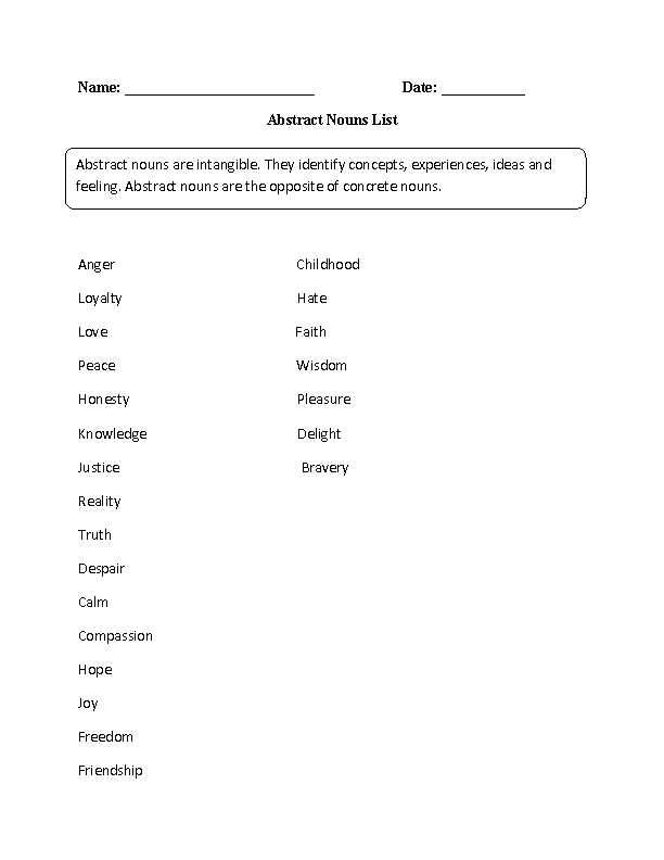 worksheet abstract nouns