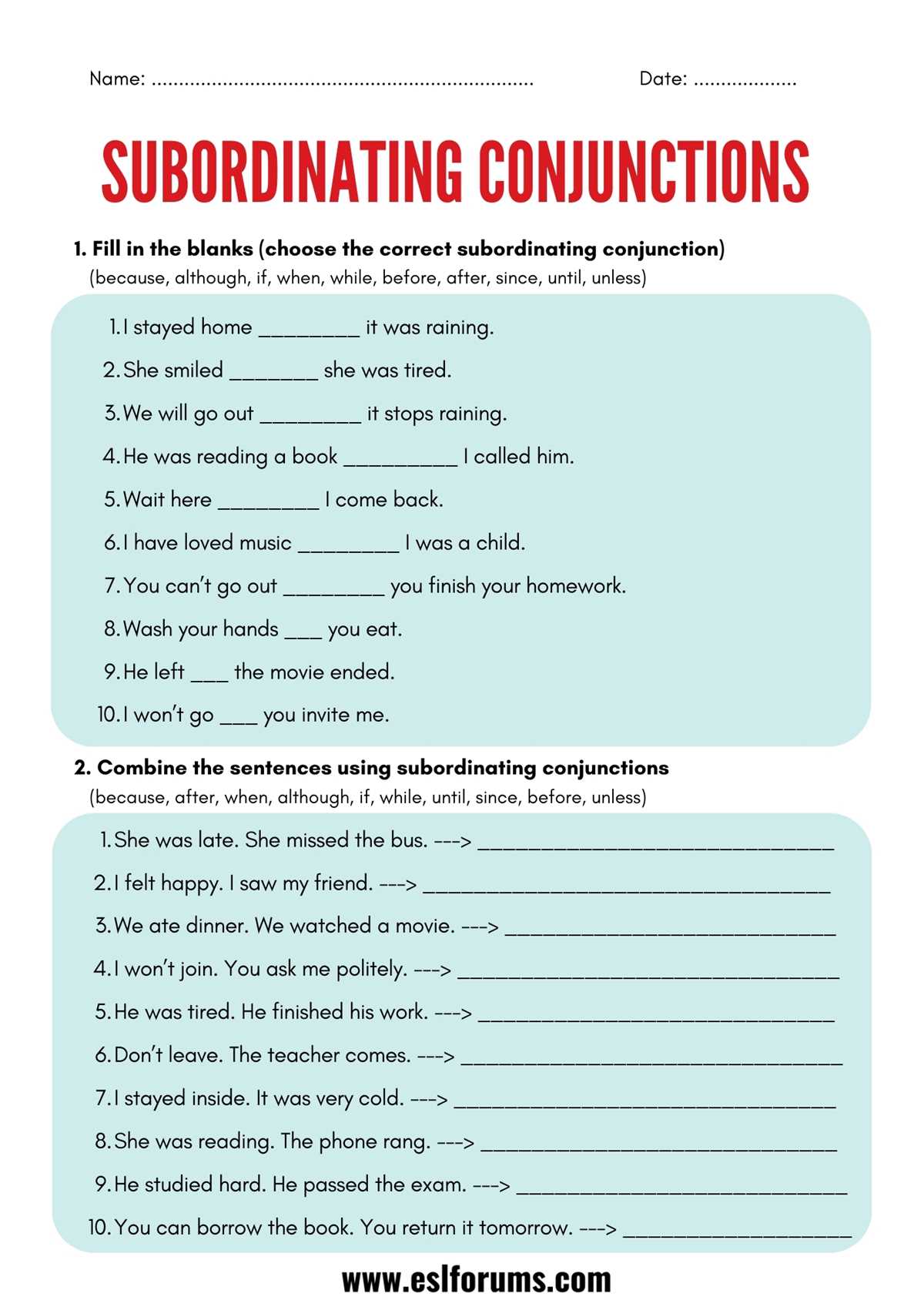worksheet for conjunctions