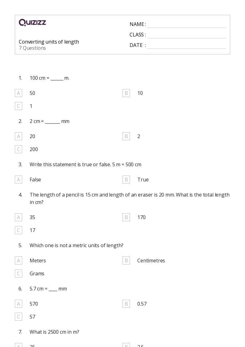 worksheet for converting metric units