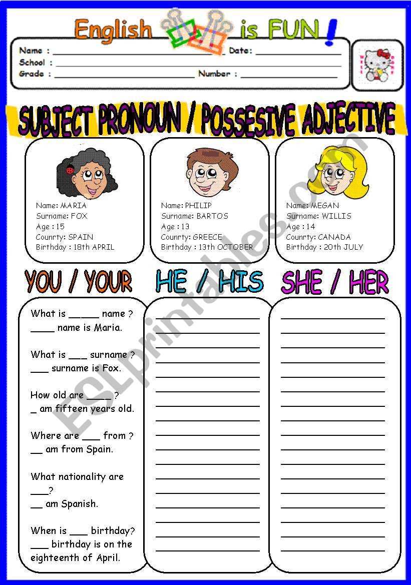 worksheet for subject pronouns