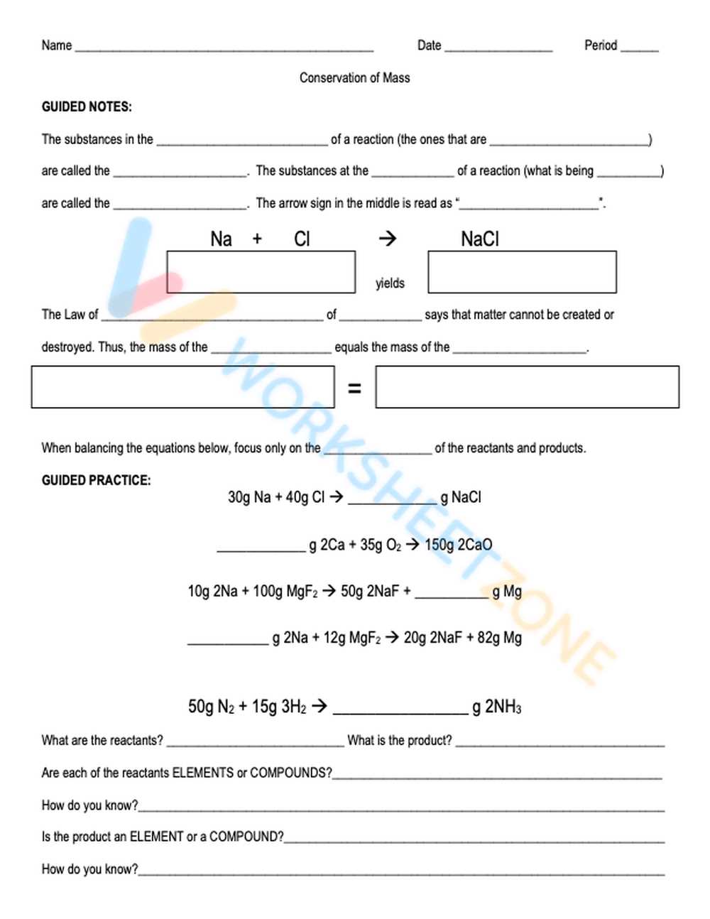 worksheet law of conservation of mass