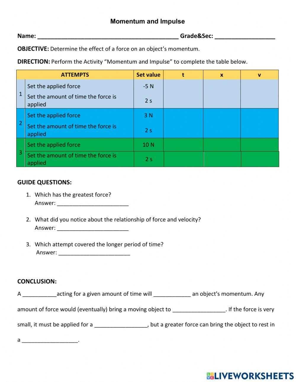 worksheet momentum and impulse