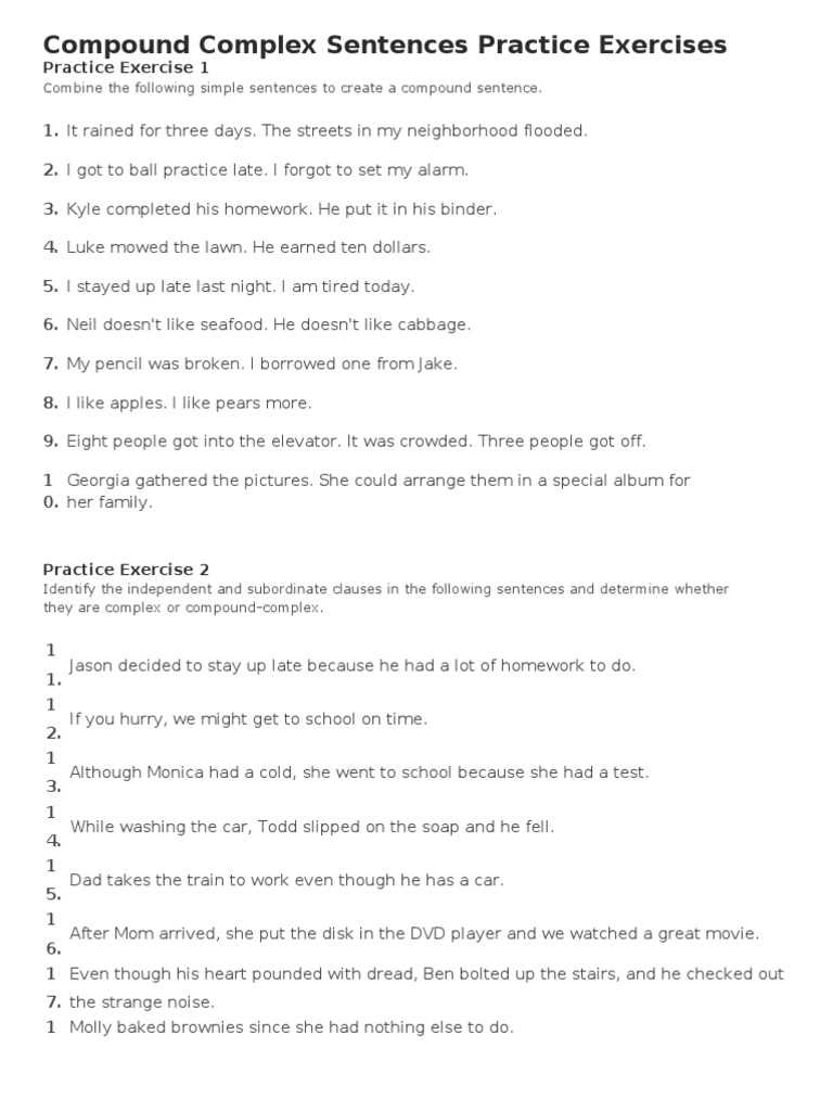 worksheet of simple compound and complex sentences