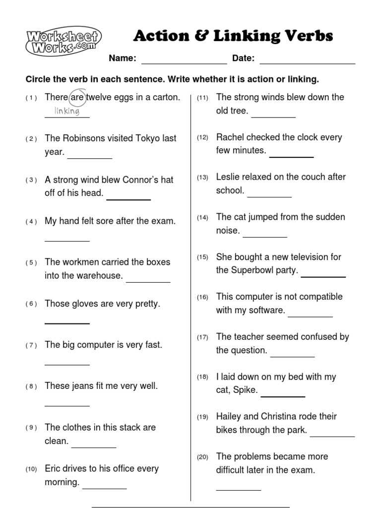 worksheet on action and linking verbs