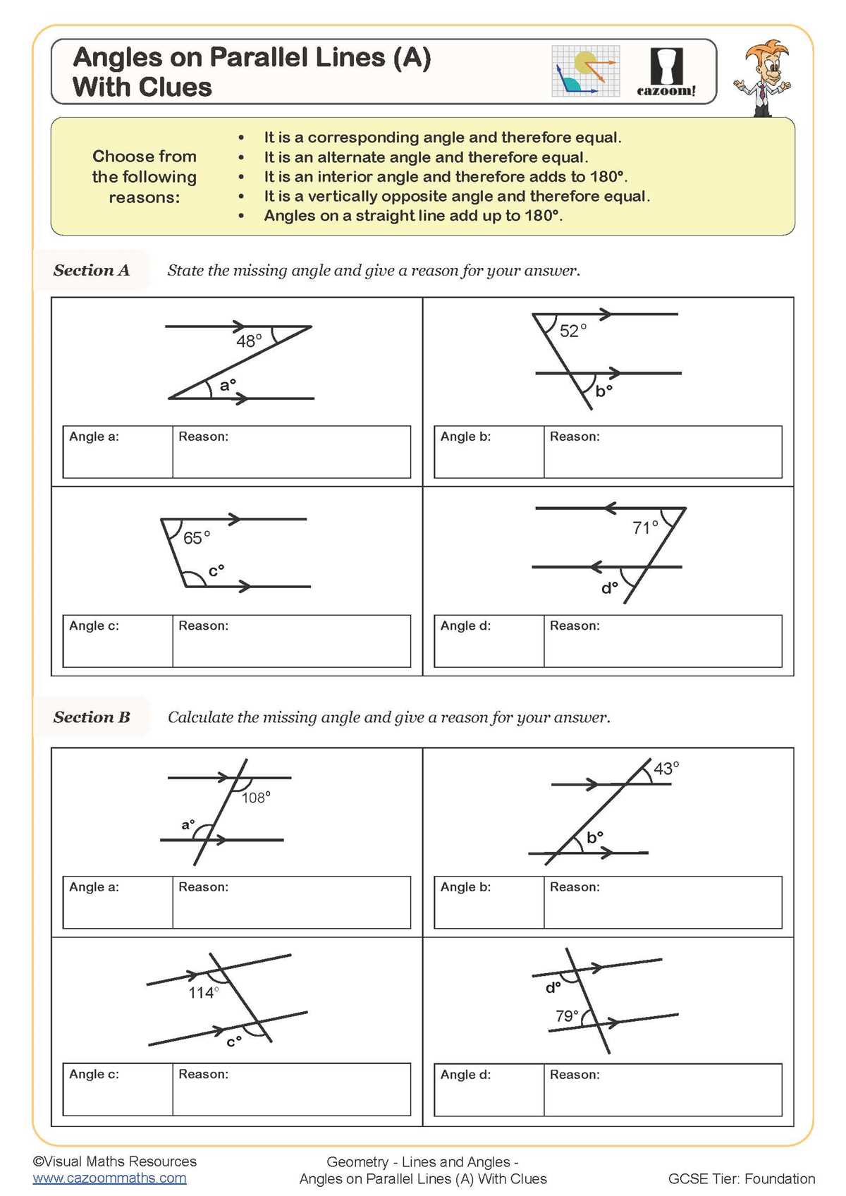 worksheet on angles in parallel lines