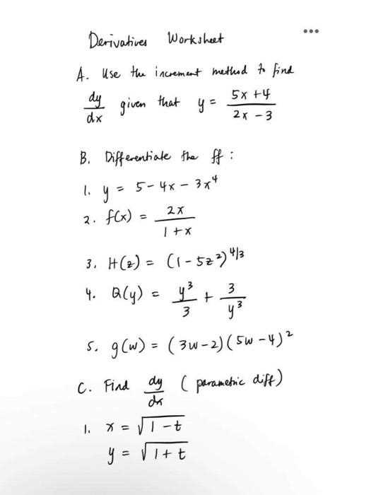 worksheet on derivatives