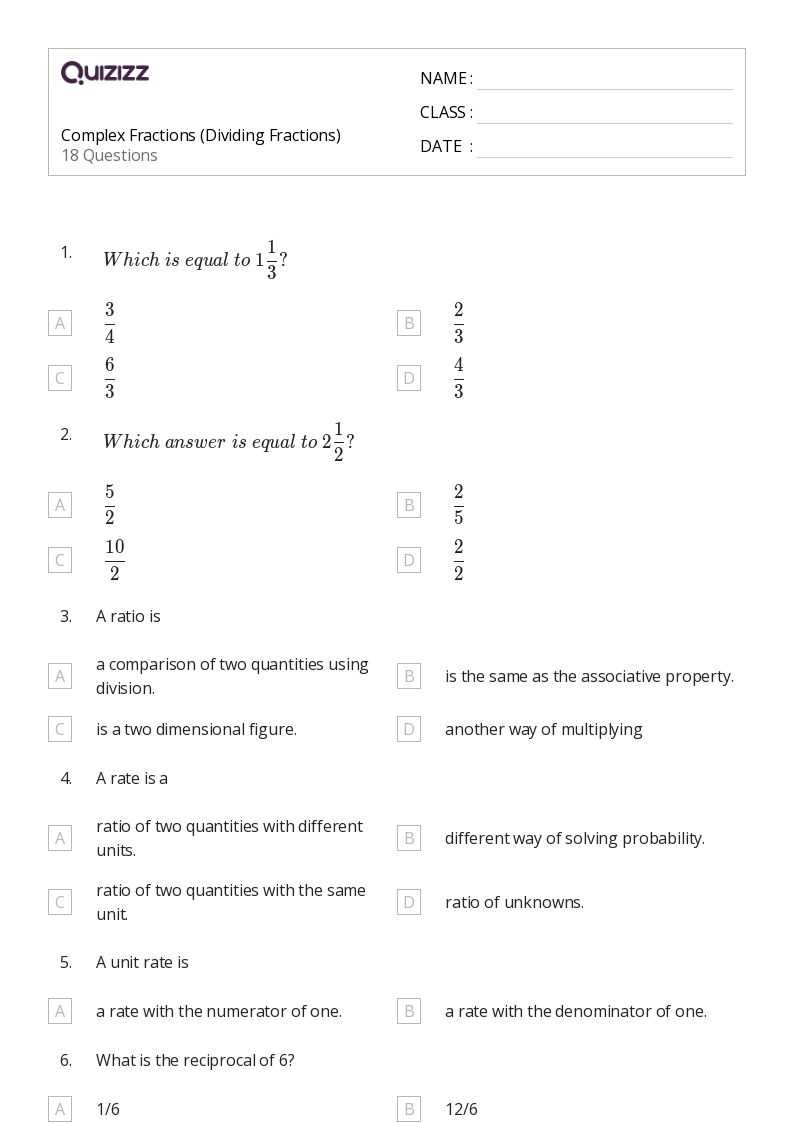 worksheet on dividing fractions