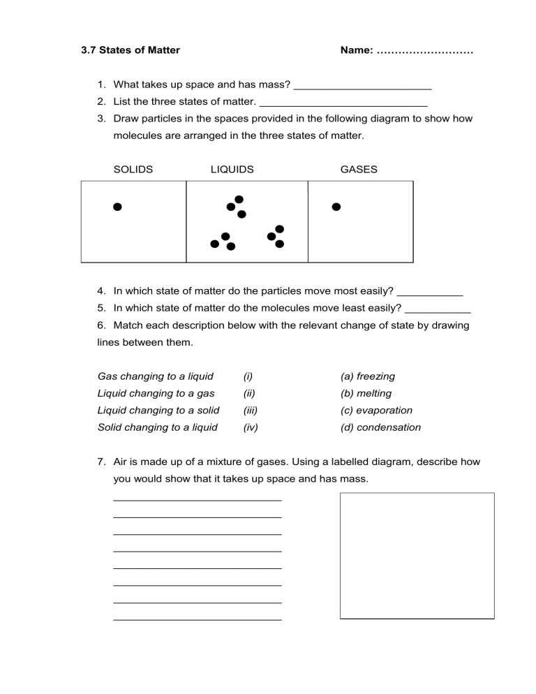 worksheet on matter