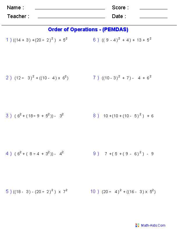 worksheet on pemdas