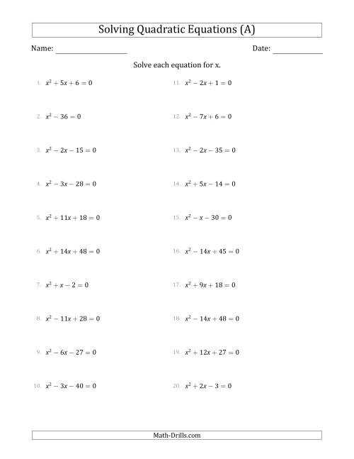 worksheet on quadratic equations