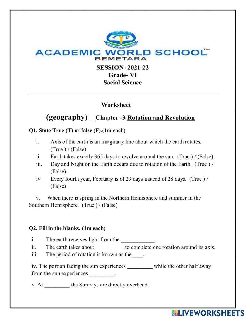 worksheet on rotation and revolution of the earth