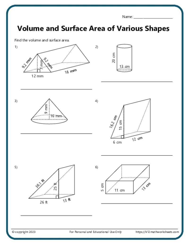 worksheet on surface area of prisms and cylinders