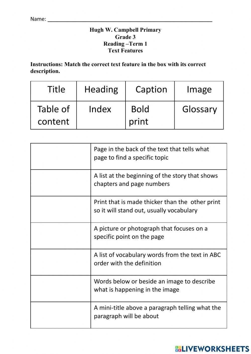 worksheet on text features