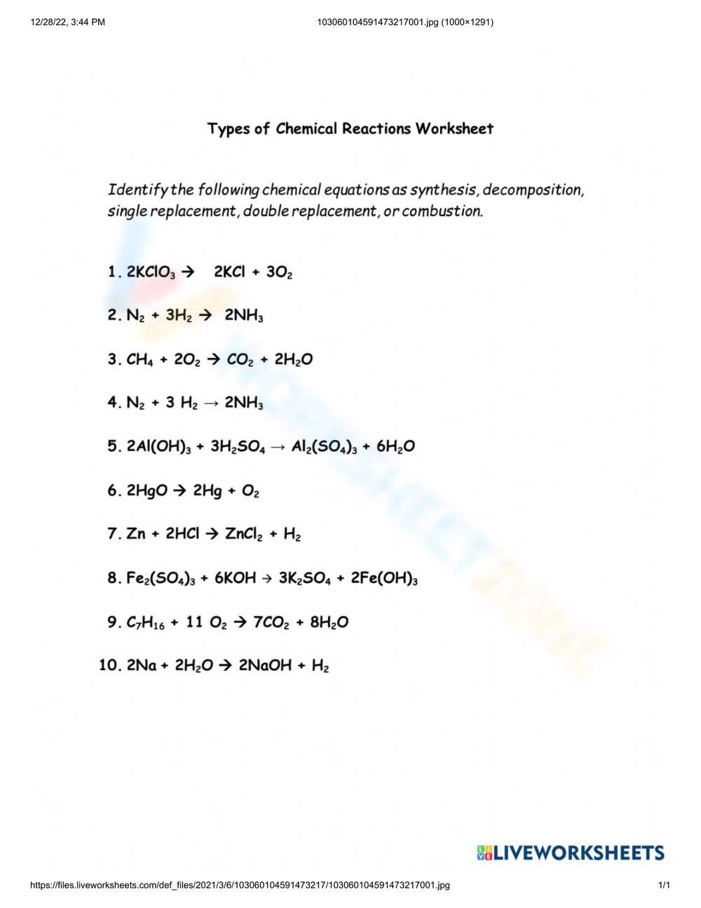 worksheet single replacement reactions
