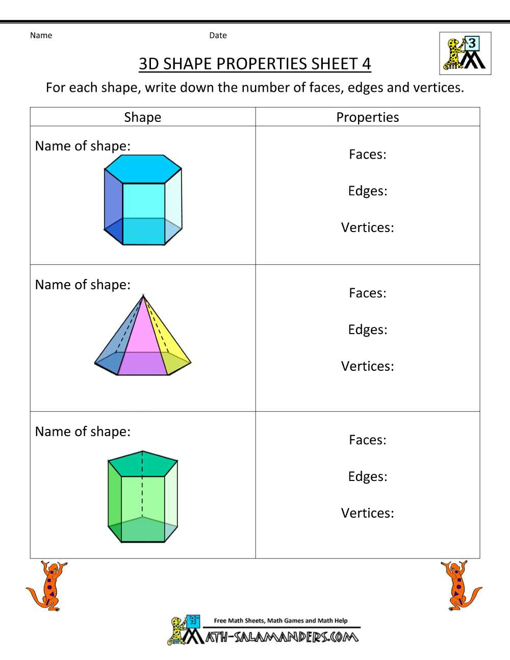 worksheets for 3d shapes