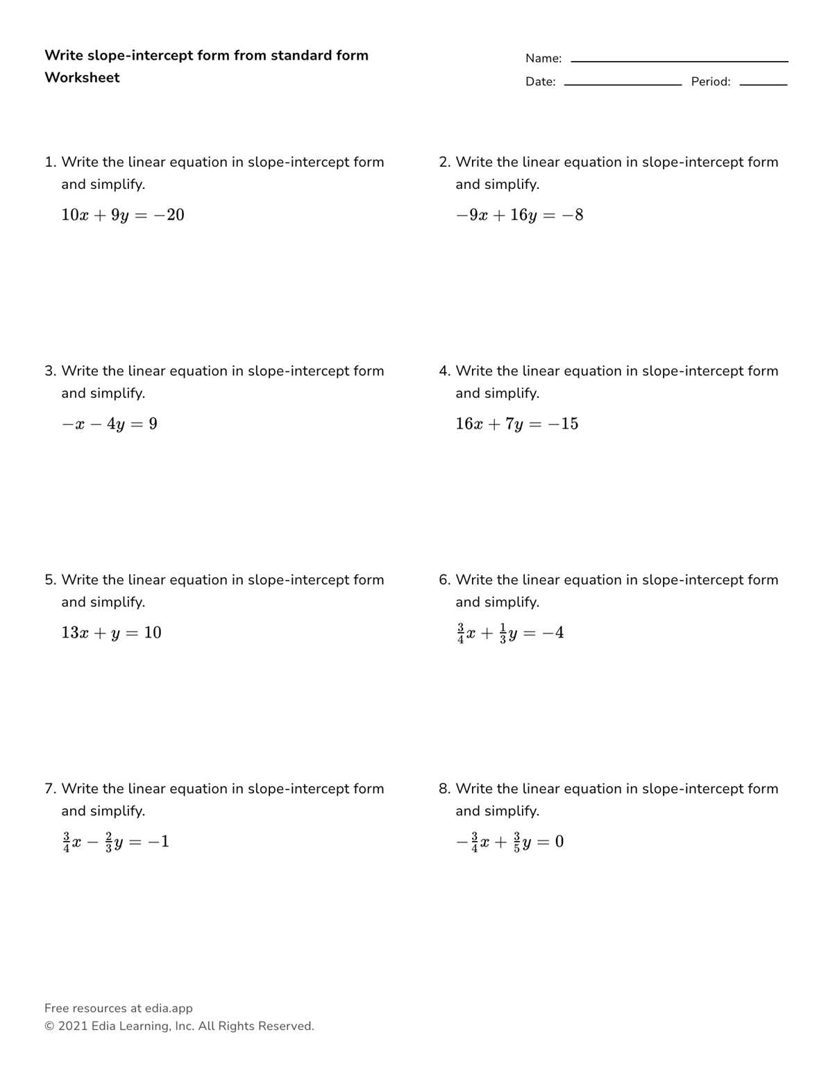 worksheets for graphing linear equations