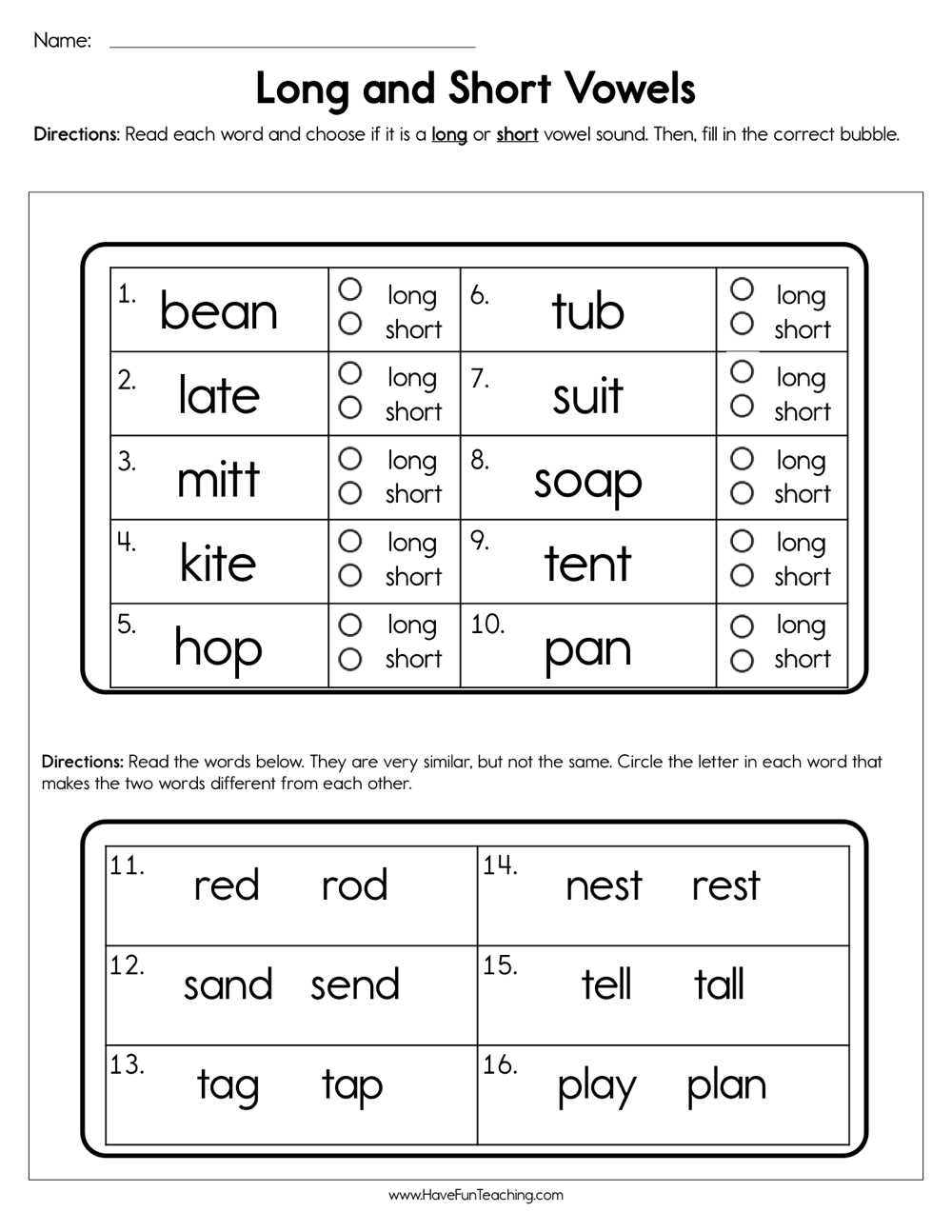 worksheets for long and short vowel sounds