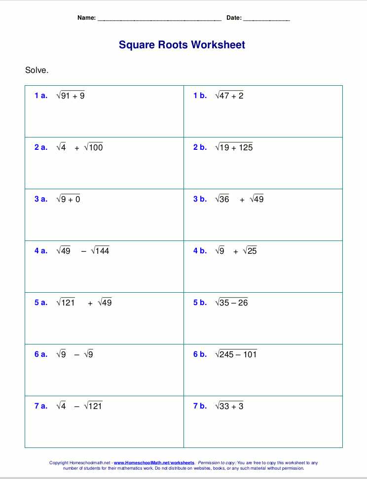 worksheets for square roots
