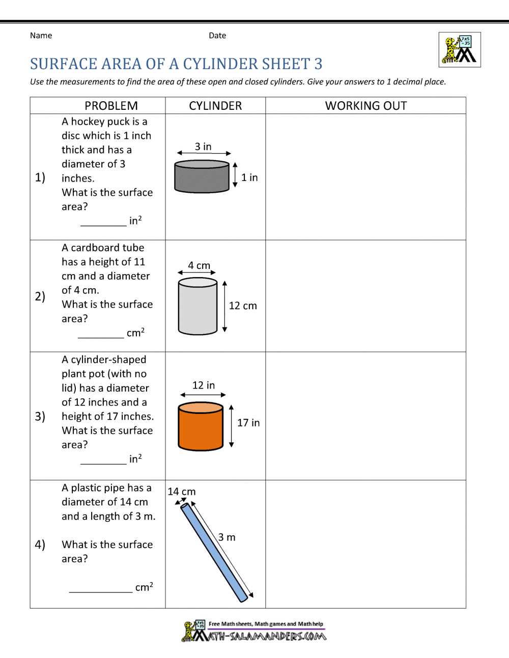 worksheets for surface area of prisms and cylinders
