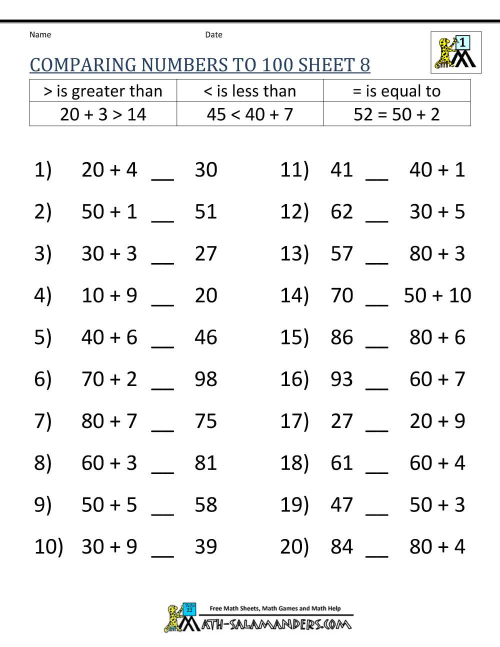 worksheets on comparing numbers