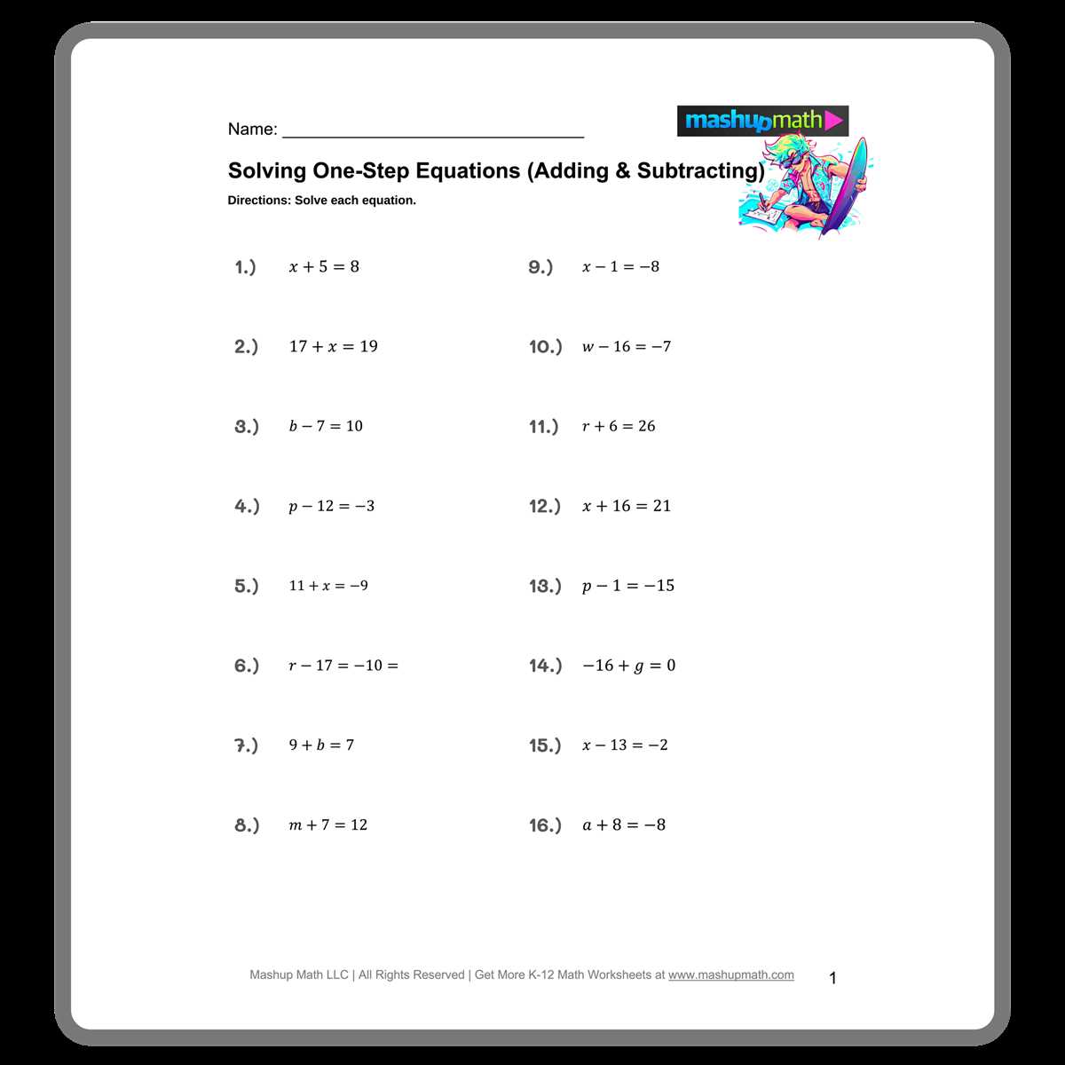 worksheets on solving one step equations