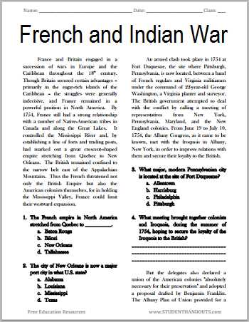 worksheets on the french and indian war