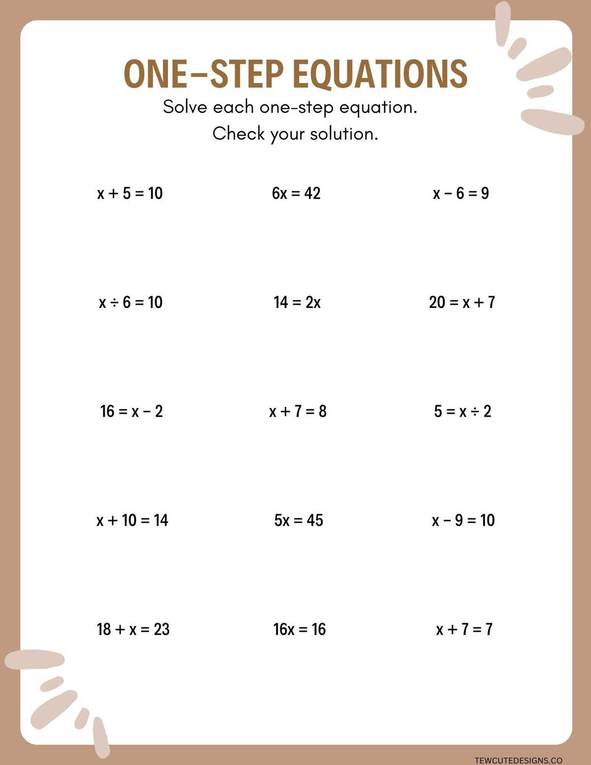 worksheets on solving one step equations