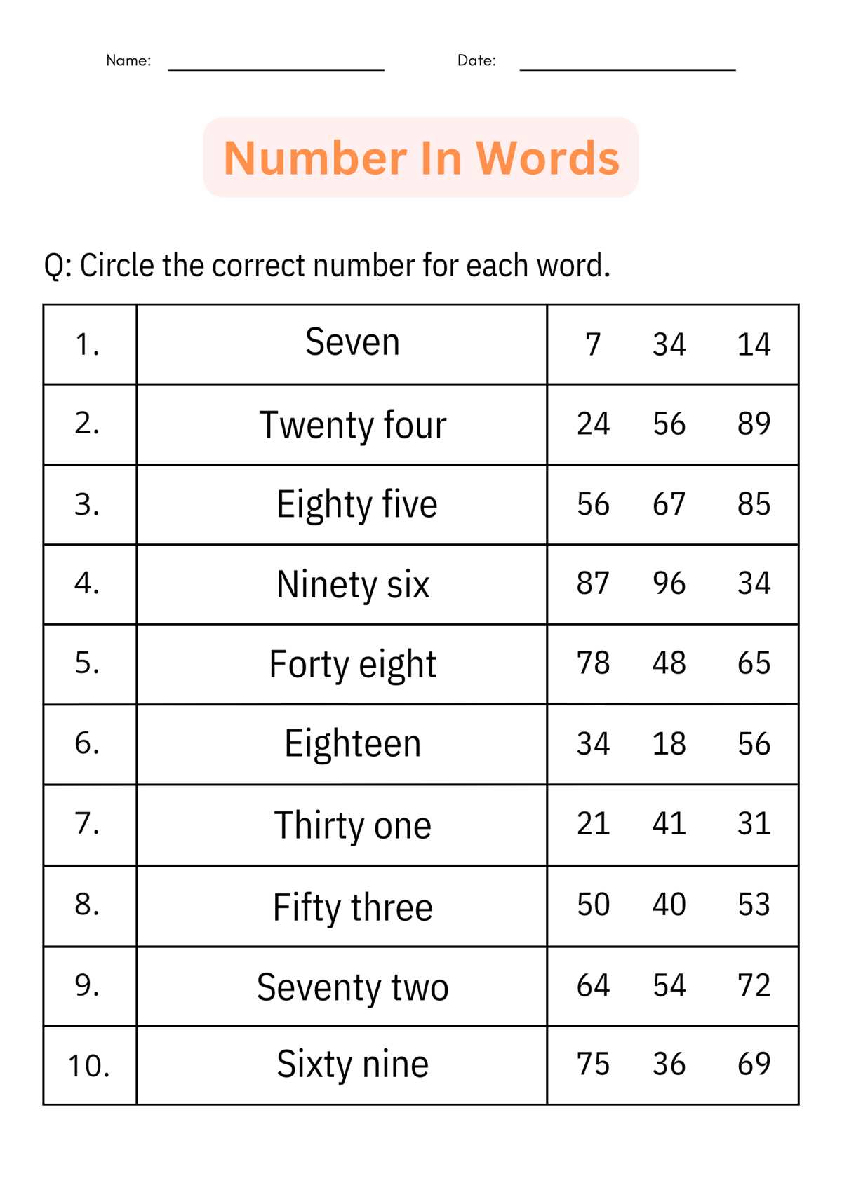 write the number in words worksheet