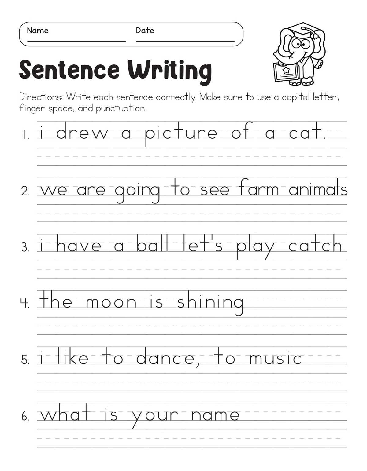 writing full sentences worksheets