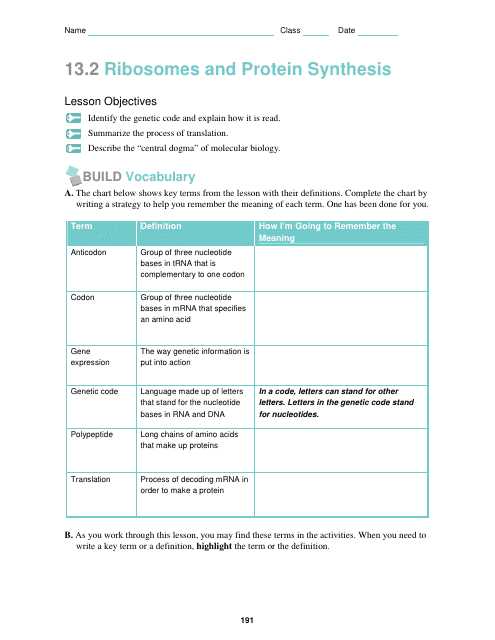 protein synthesis review worksheet