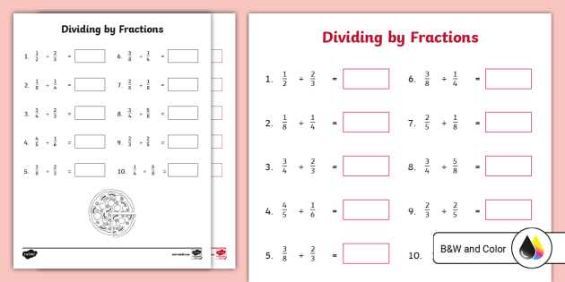 worksheet on dividing fractions