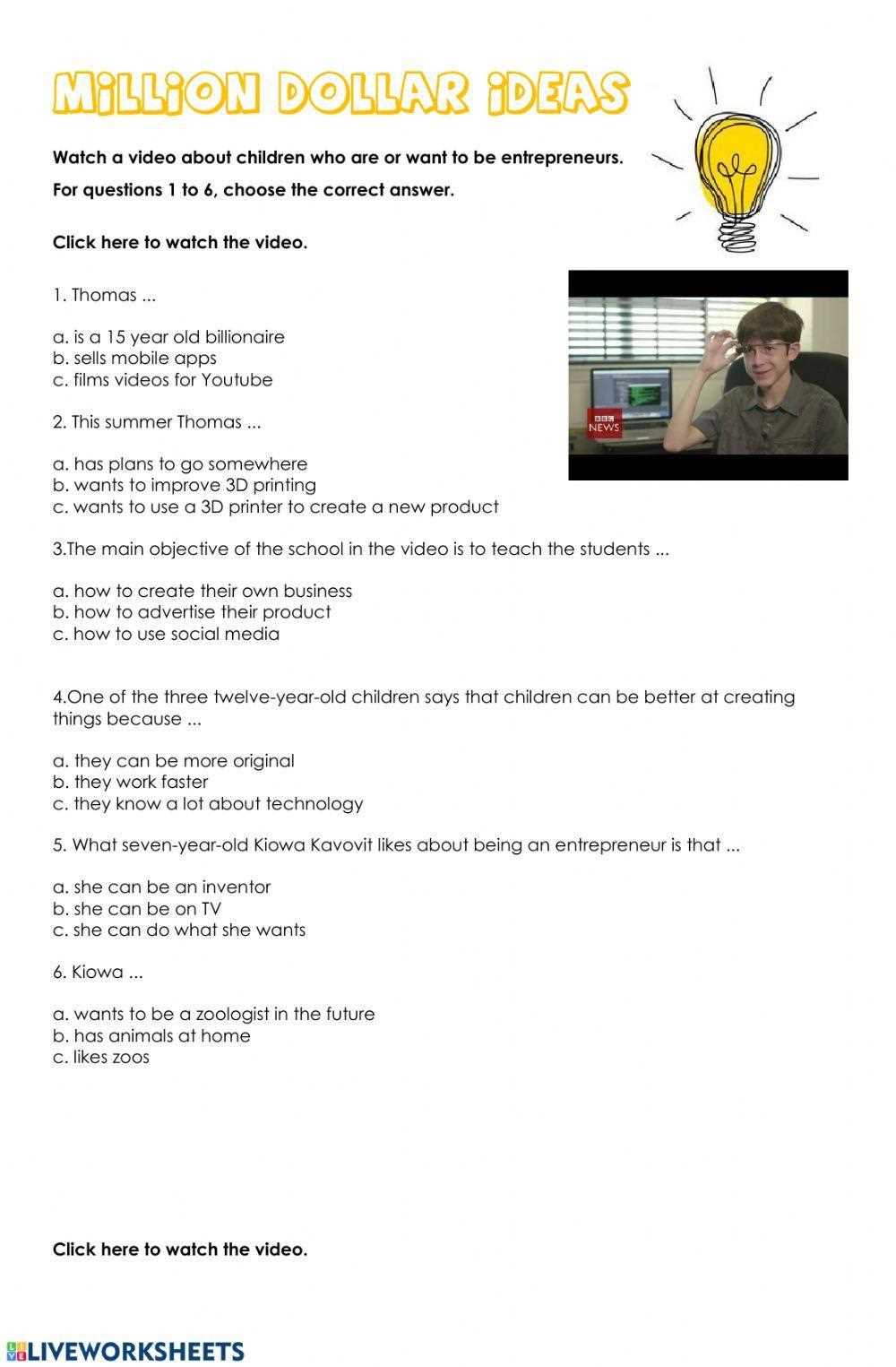 entrepreneurship worksheets for highschool students