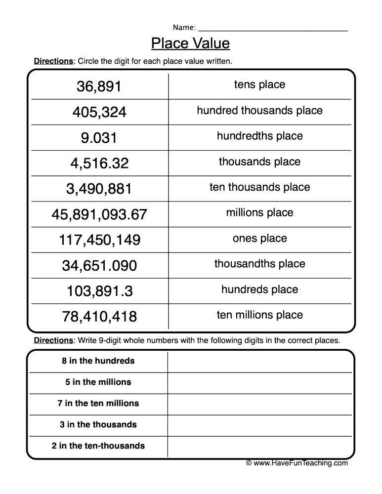 place the value worksheets