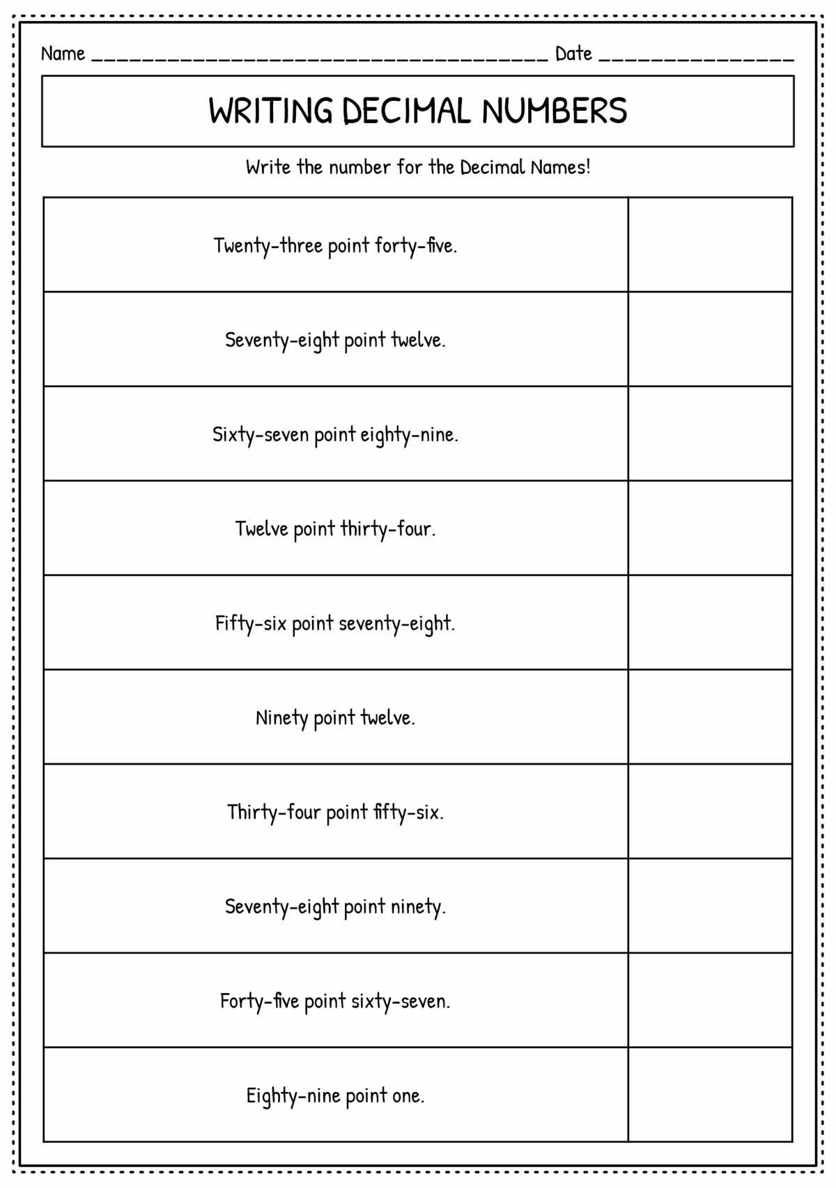 writing decimals in word form worksheet