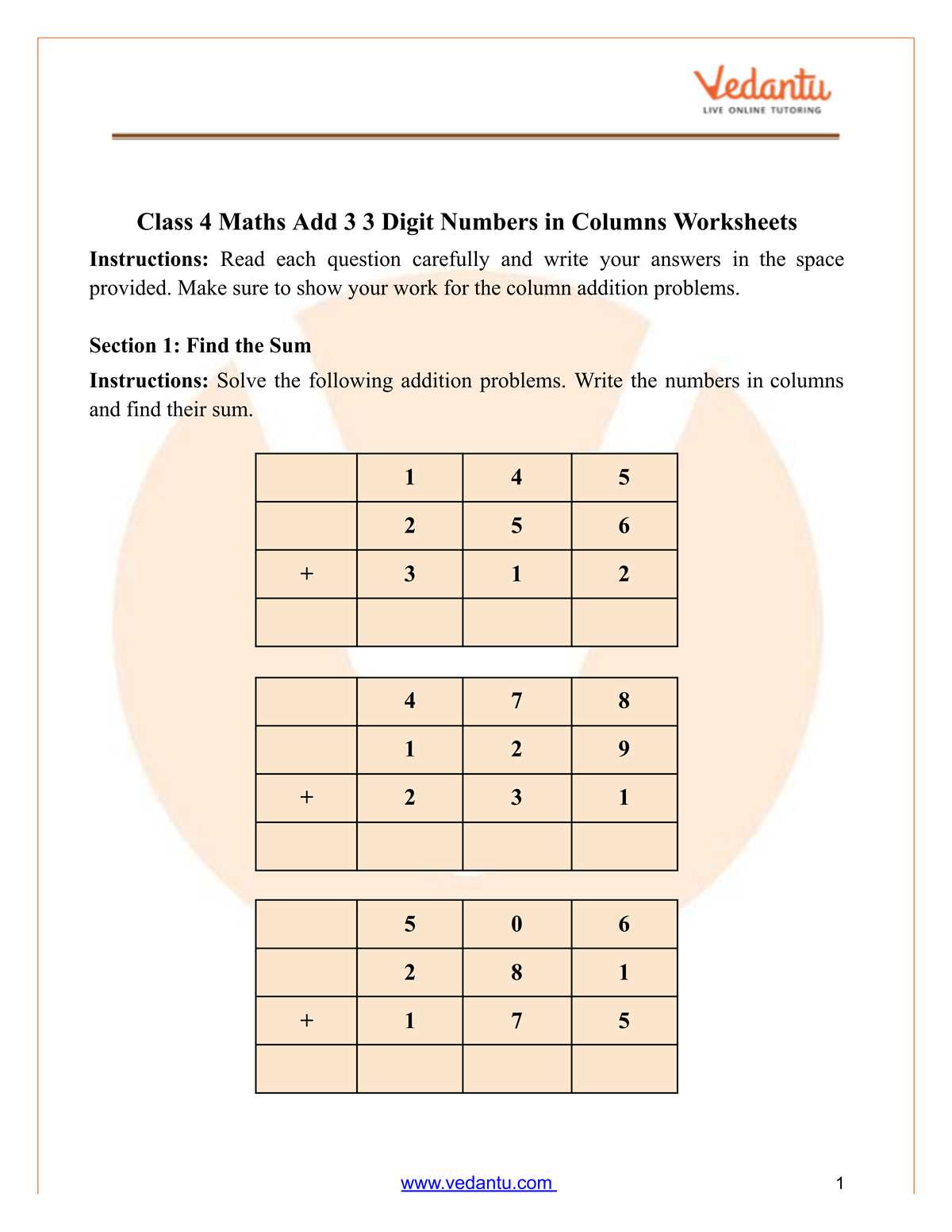 addition of three digit numbers worksheet