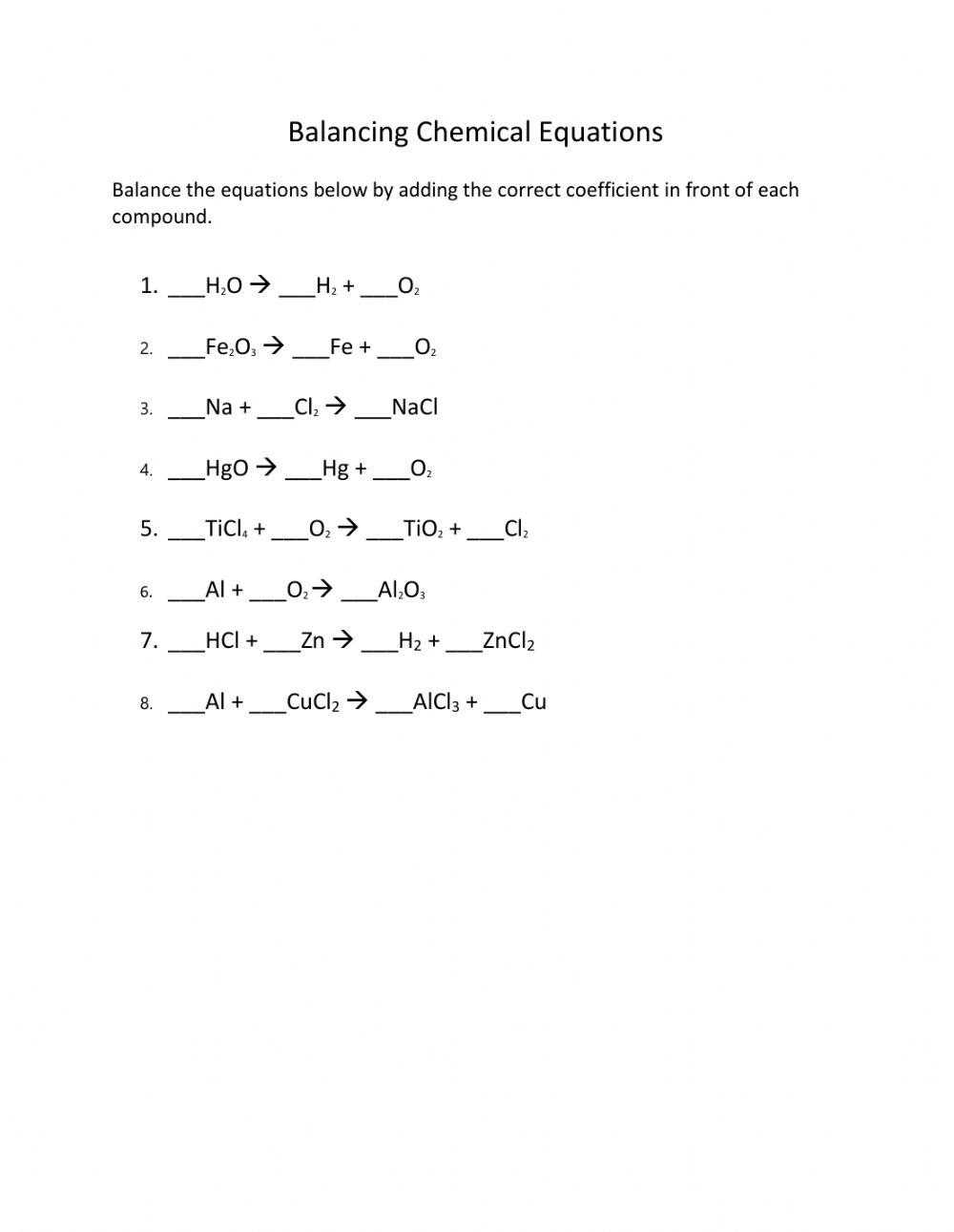 balancing easy chemical equations worksheet