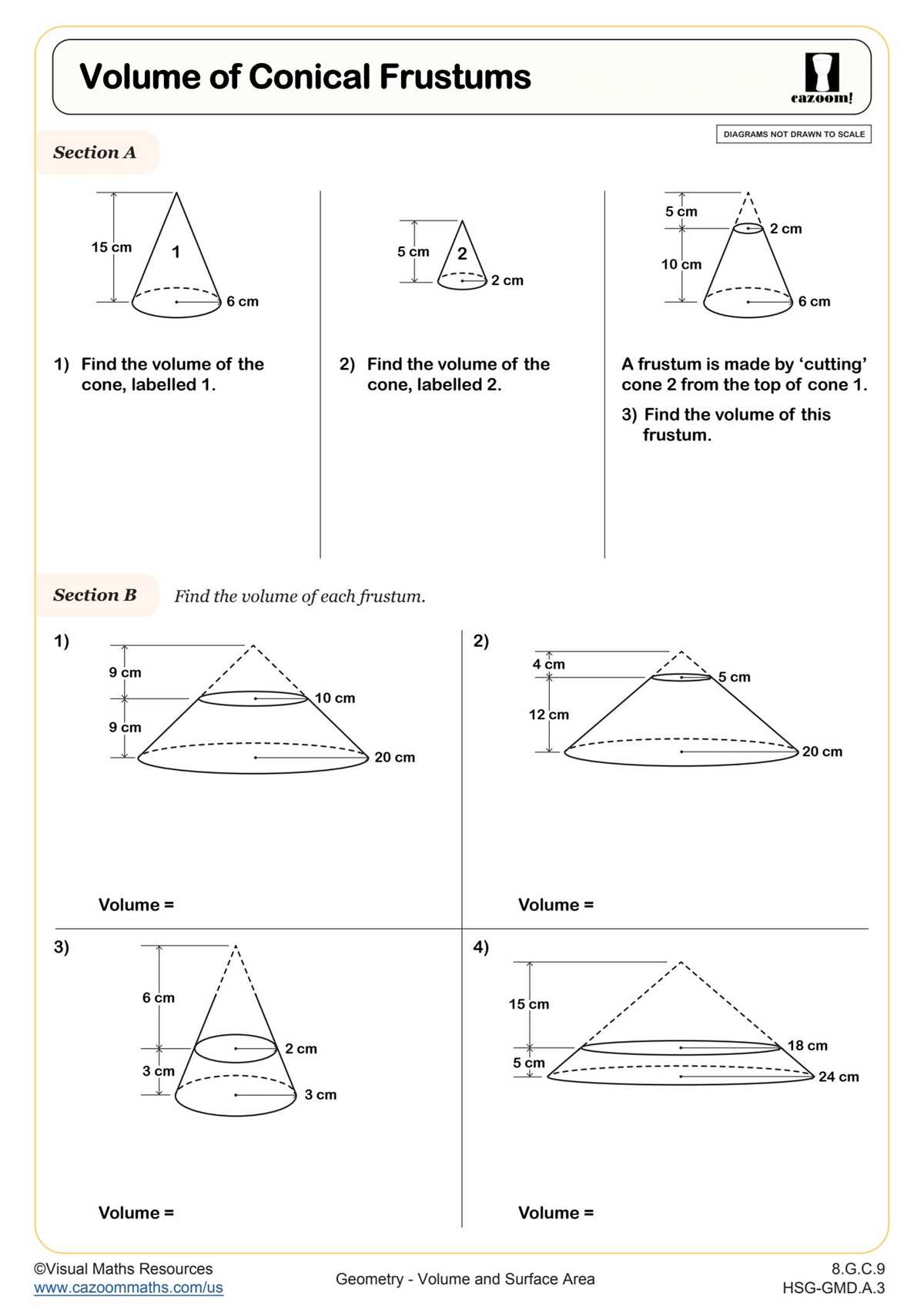 find the volume of a cone worksheet