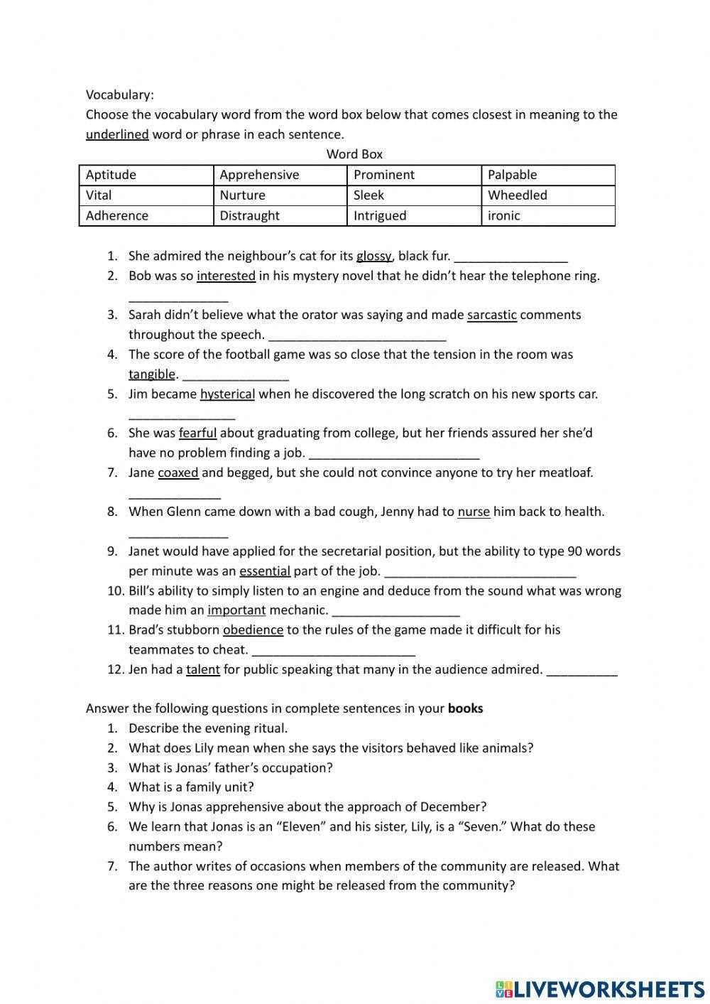 the giver worksheets