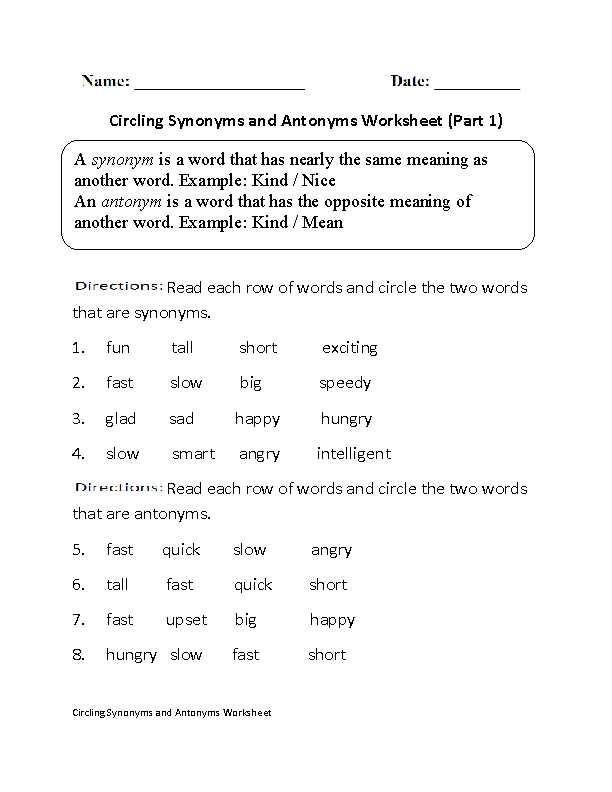 find the synonym worksheet