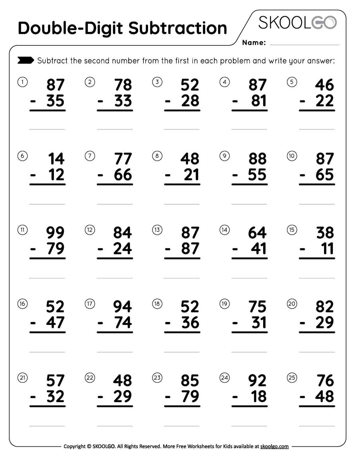 subtraction worksheets printable