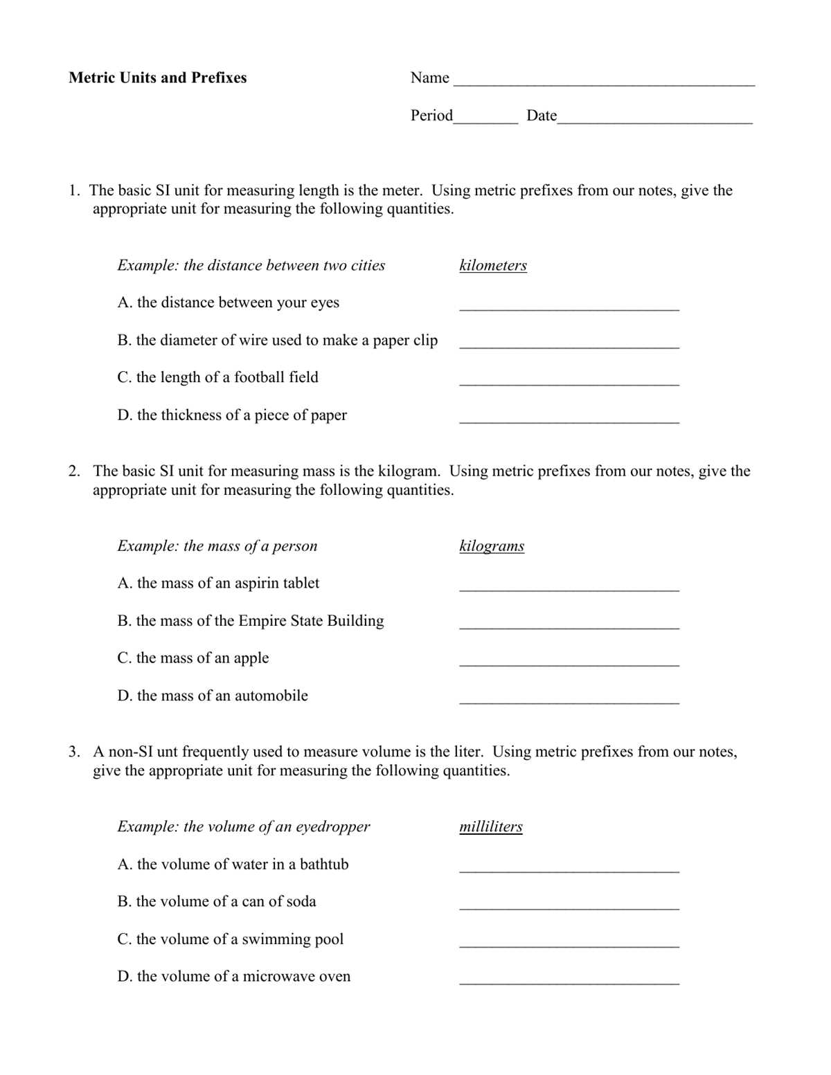 worksheet metric prefixes