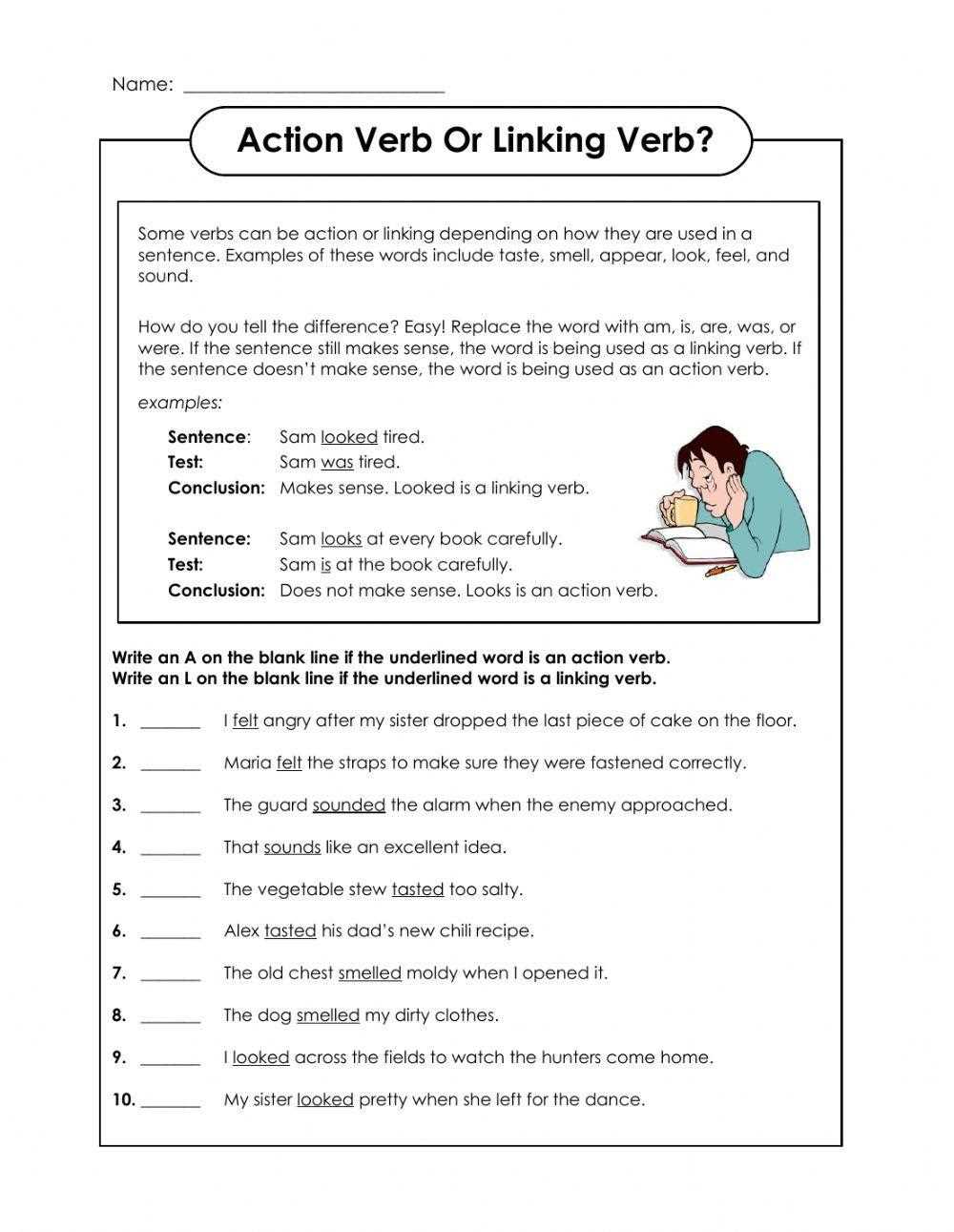 worksheet on action and linking verbs