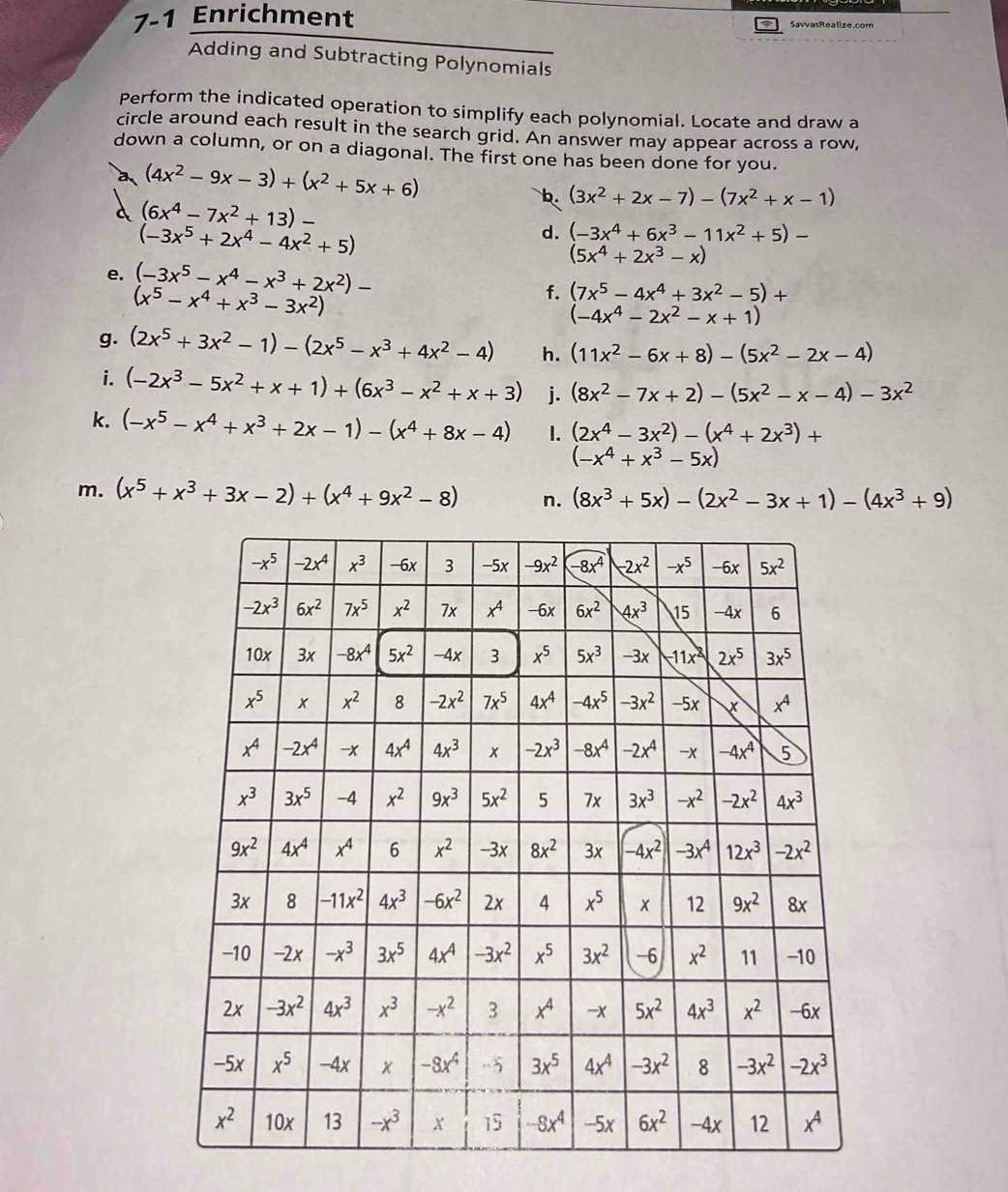 addition and subtraction polynomials worksheet