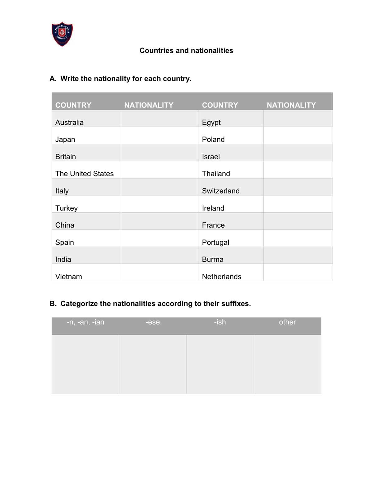 countries nationalities and languages worksheet