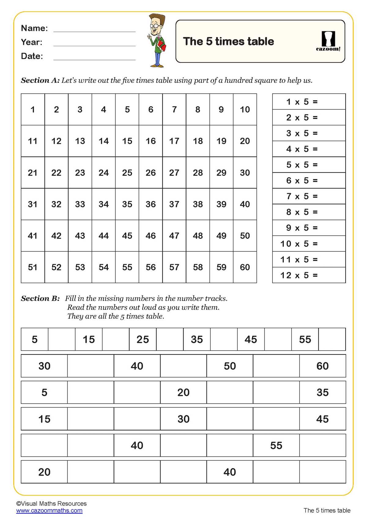 5 times table fun worksheet