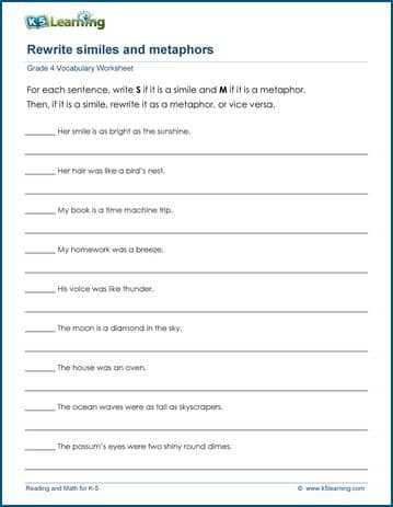 change simile to metaphor worksheet
