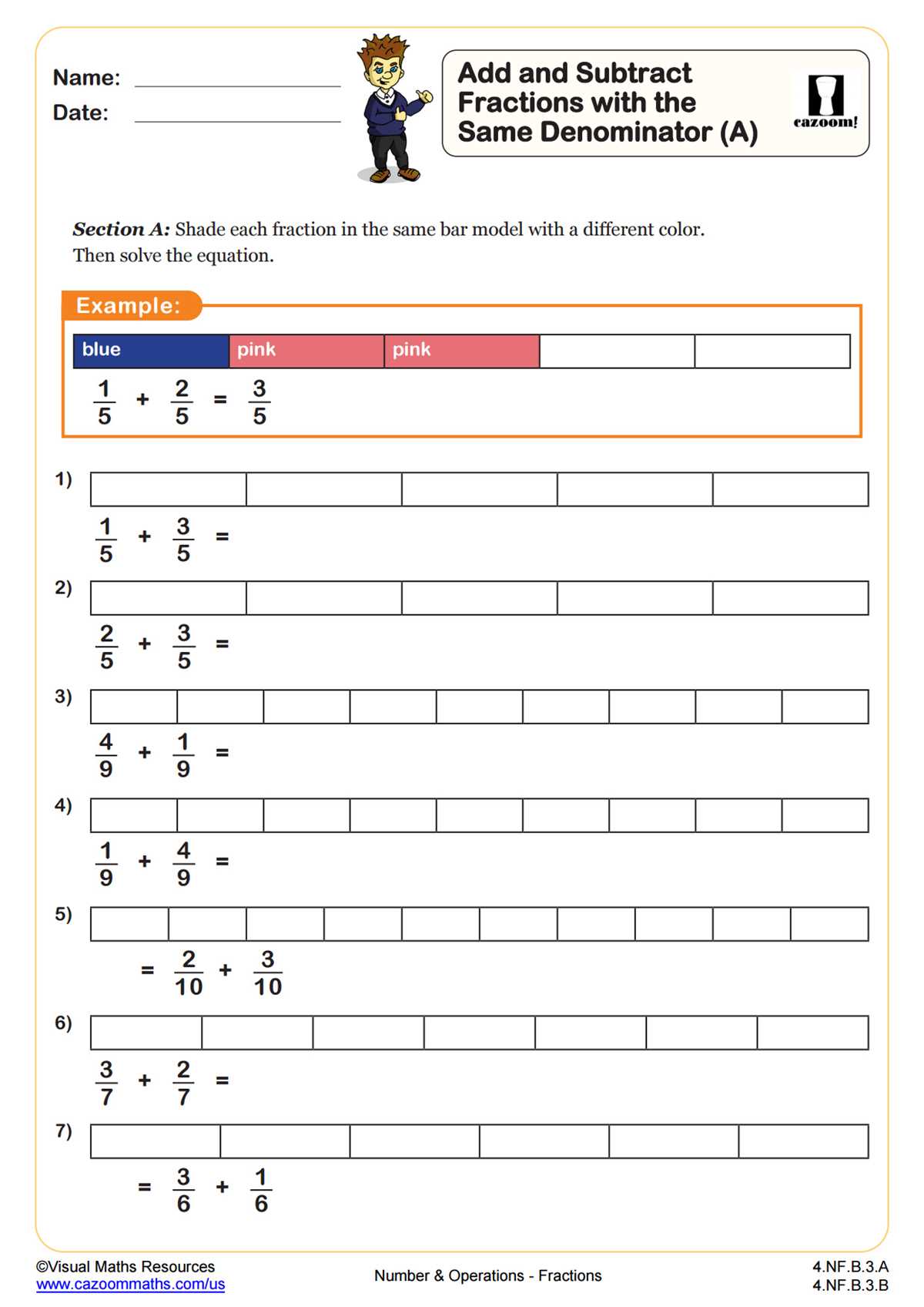 adding and subtracting fractions with like denominators word problems worksheets