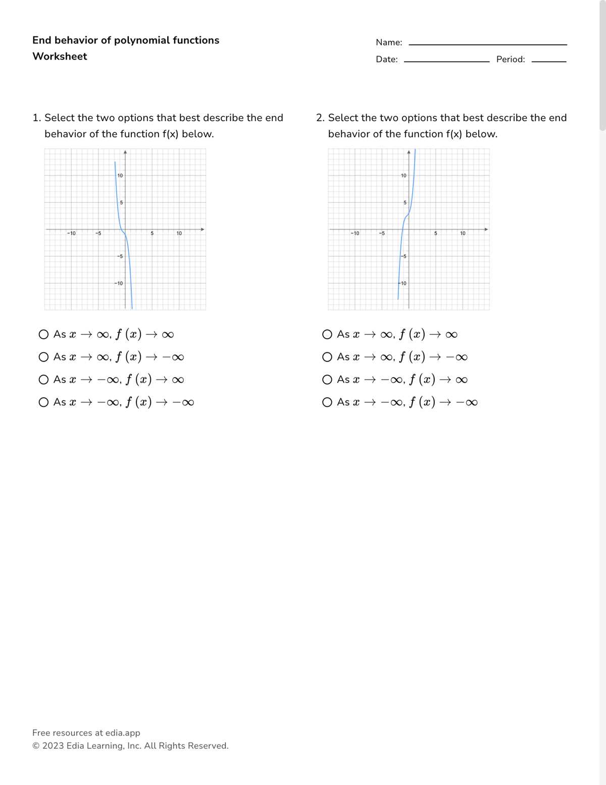 continuity and end behavior worksheet